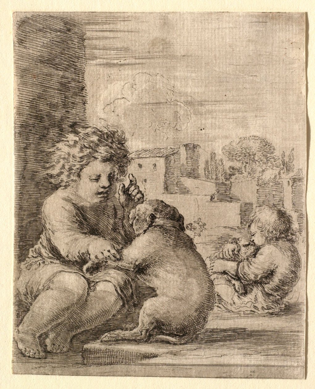 Barn lærer en hund at sidde på bagbenene af Stefano della Bella