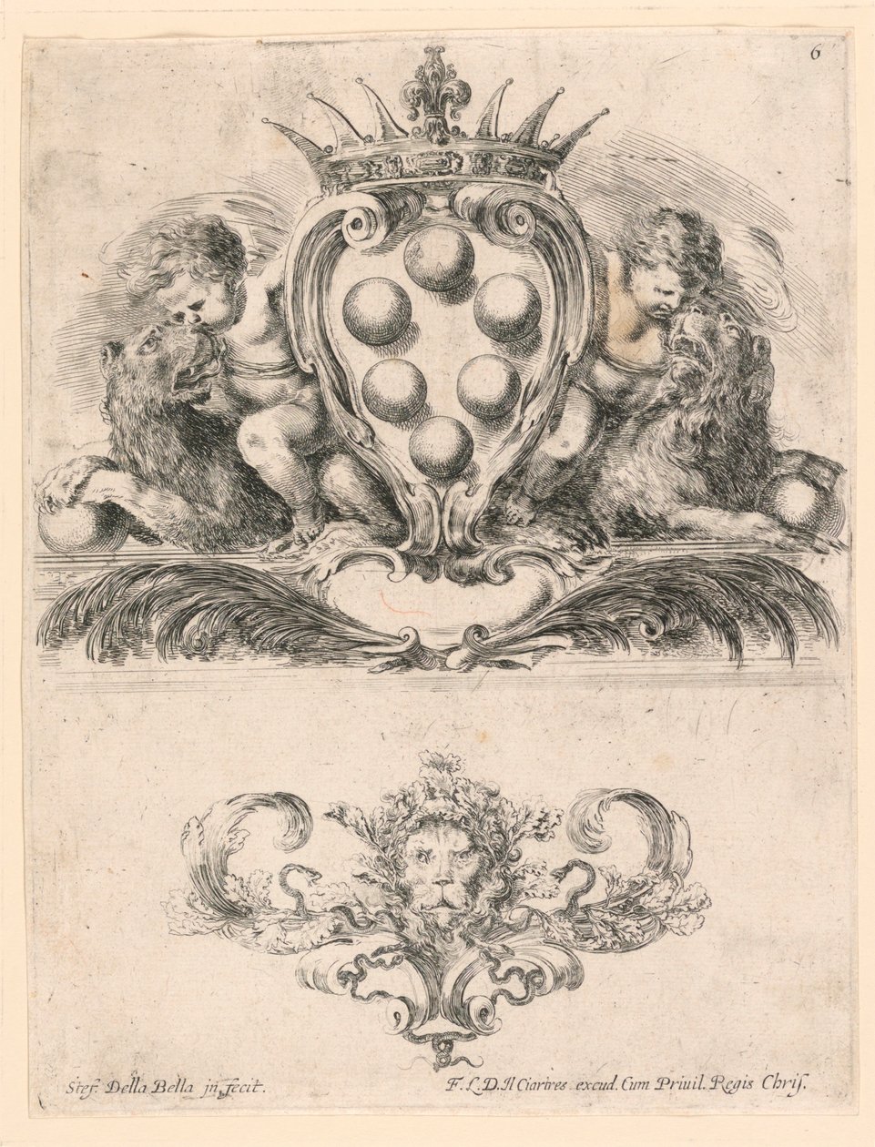 Storhertugen af ​​Toscanas våbenskjold: Ornament with a Lion Mask, nr. 6 fra "Samling af forskellige capriccii et ni opfindelser af mapper og ornamenter" af Stefano della Bella
