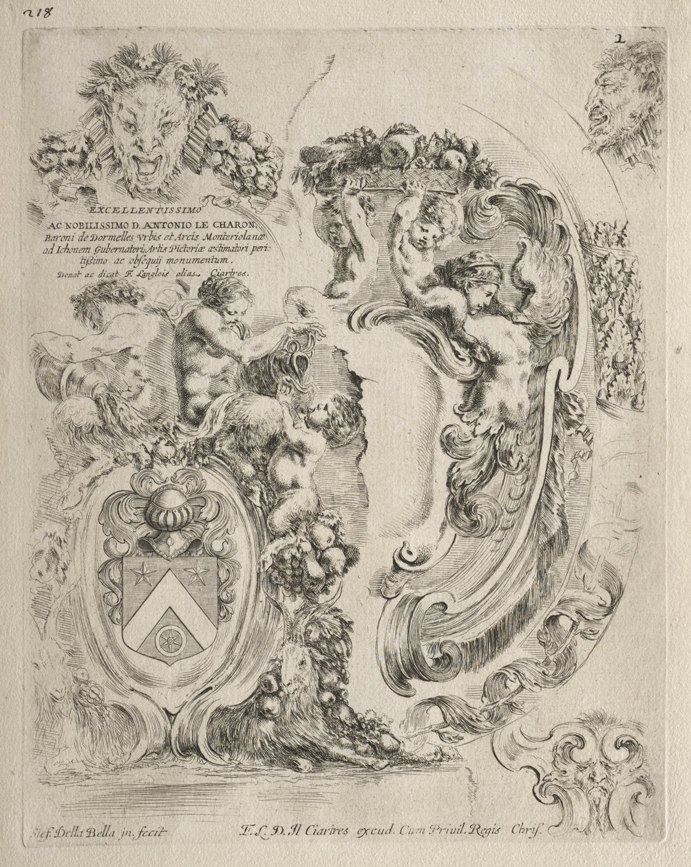 Samling af forskellige caprices og nye designs af kartoucher og ornamenter: Nr. 2, Dedikationsside af Stefano della Bella