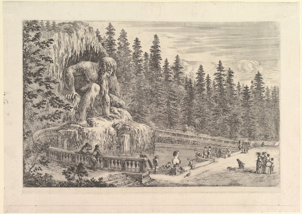 Kolossal statue af Appenino af Giambologna til venstre, repræsenteret som en kæmpe crouchi..., ca. 1653. af Stefano della Bella