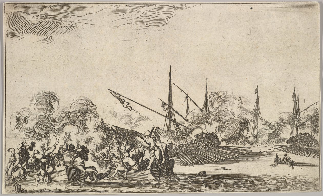 Kamp mellem flere robåde og skibe, to grupper af mænd i robåde, der kæmper til venstre..., 1639. af Stefano della Bella