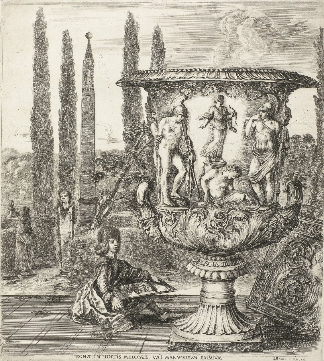 De unge Cosimo III de Medici tegnt de Medici-vaas Rom, i Medici-haverne, en enestående marmor (titel på objektet) Gezichten op Rom og omgivelser (serietitel) Six grandes vues, dont quatre de Rome et deux de la Campagne romaine (serietitel) af Stefano della Bella