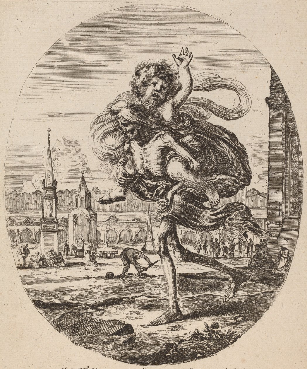 Døden bærer et barn til venstre, sandsynligvis 1648. af Stefano della Bella