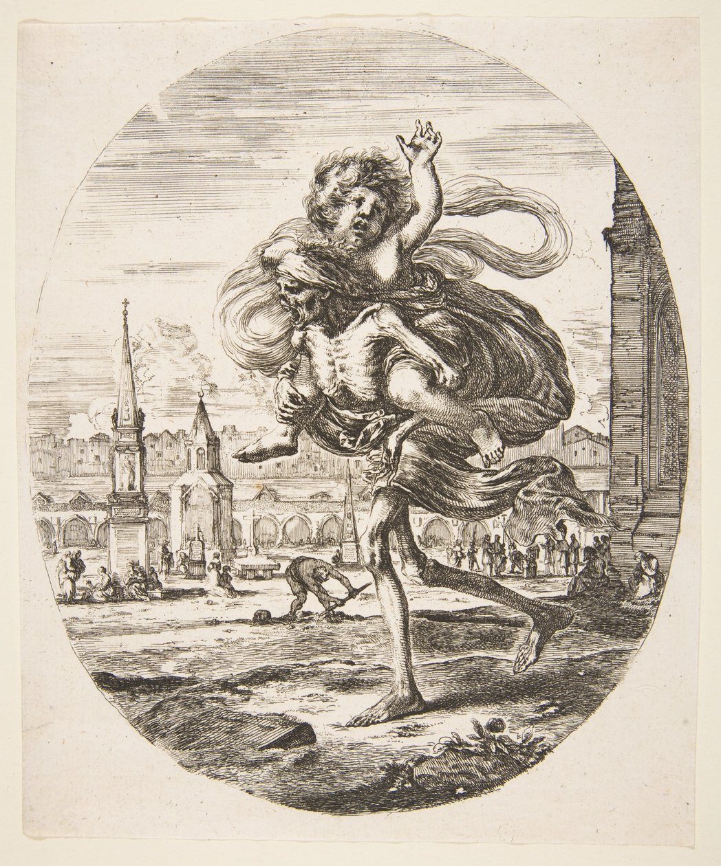 Døden bærer et barn, fra De fem dødsfald Les cinq Morts, ca. 1648. af Stefano della Bella