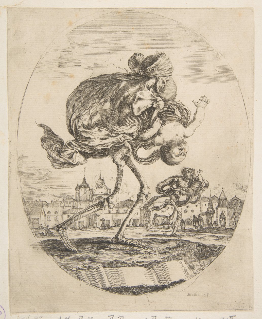 Døden bærer et spædbarn, fra De fem dødsfald Les cinq Morts, ca. 1648. af Stefano della Bella