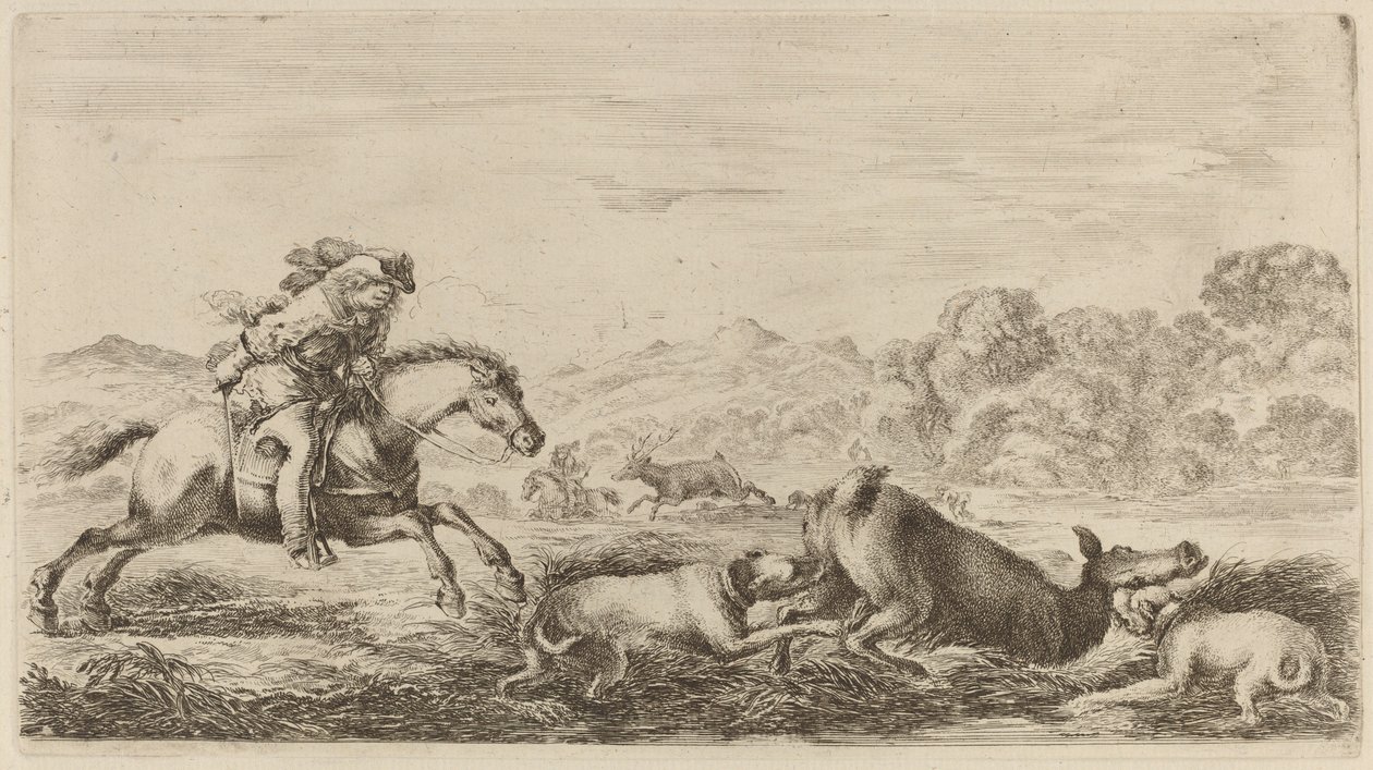 Doe i en mose angrebet af to hunde. af Stefano della Bella