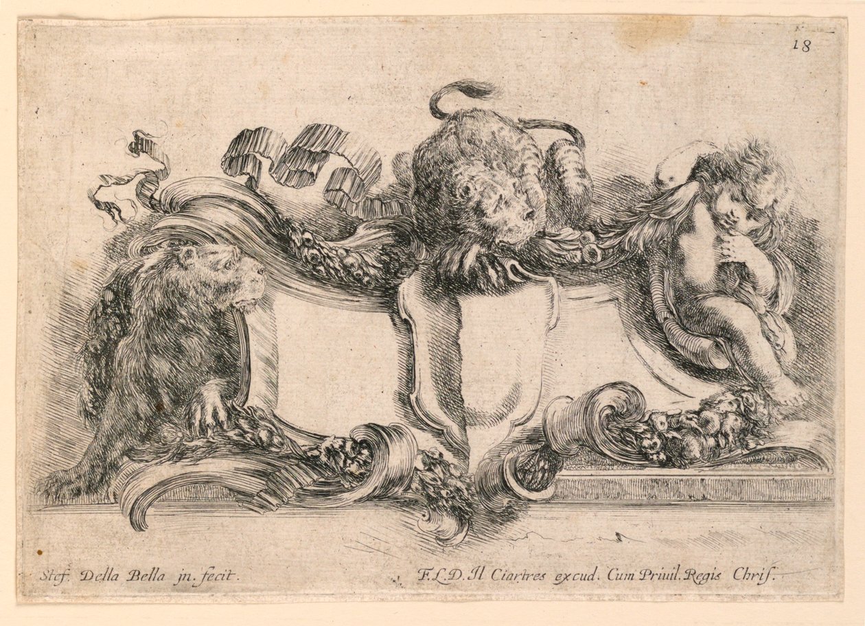 Escutcheon, nr. 18 fra "Samling af forskellige luner og ni opfindelser af mapper og ornamenter" af Stefano della Bella