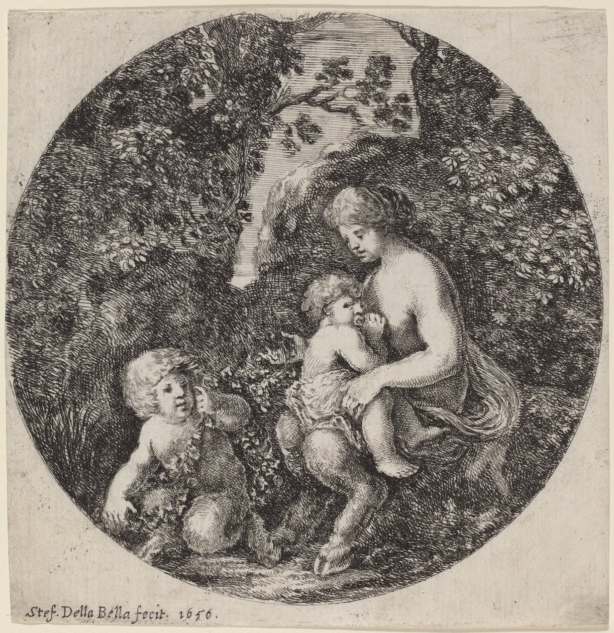Kvindelig Satyr, der ammer et barn i et skovklædt landskab af Stefano della Bella