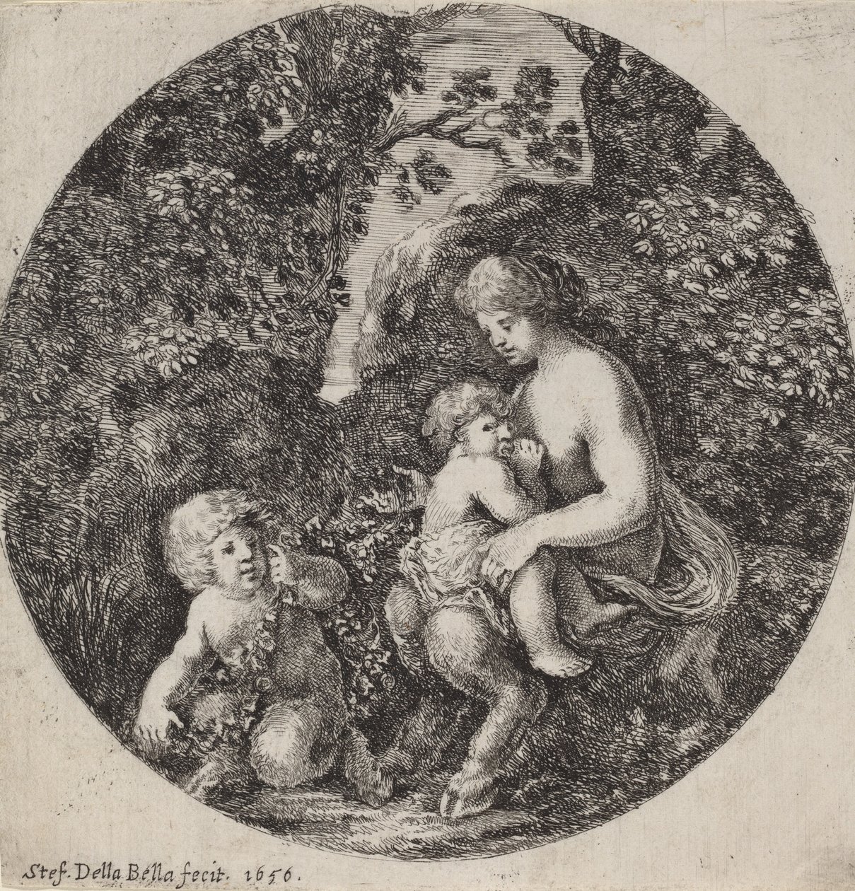 Kvindelig Satyr, der ammer et barn i et skovklædt landskab, 1656. af Stefano della Bella