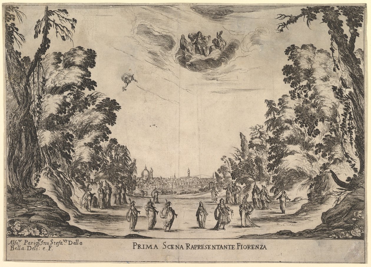 Første scene, i Firenze, fra gudernes ægteskab Le nozze degli Dei, 1637. af Stefano della Bella