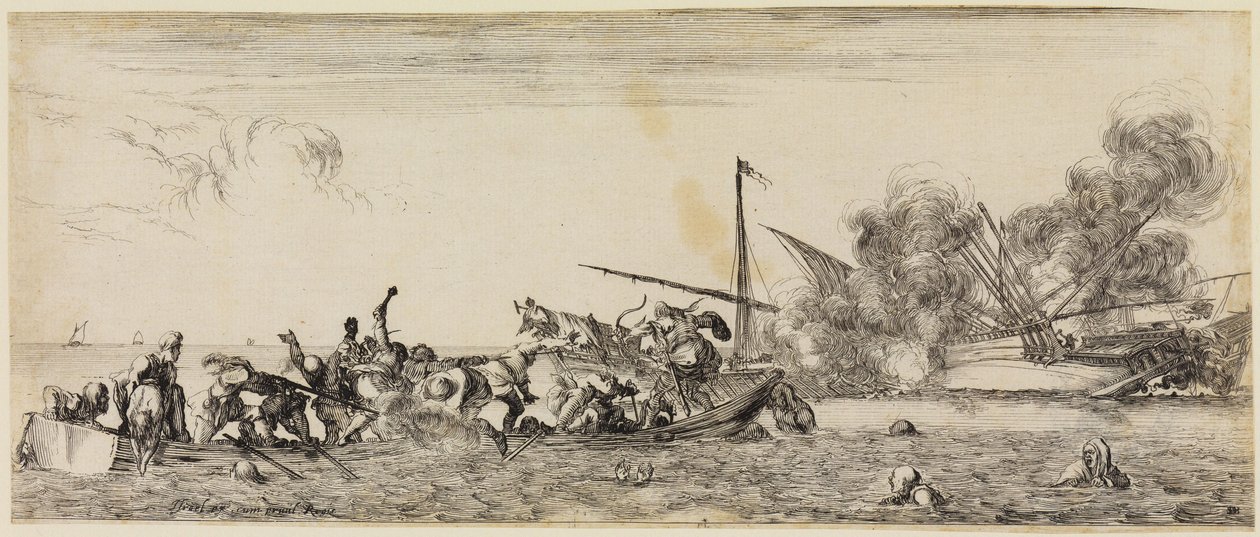 Fred og krig (Et pace et bello): Søslag med en robåd i forgrunden af Stefano della Bella