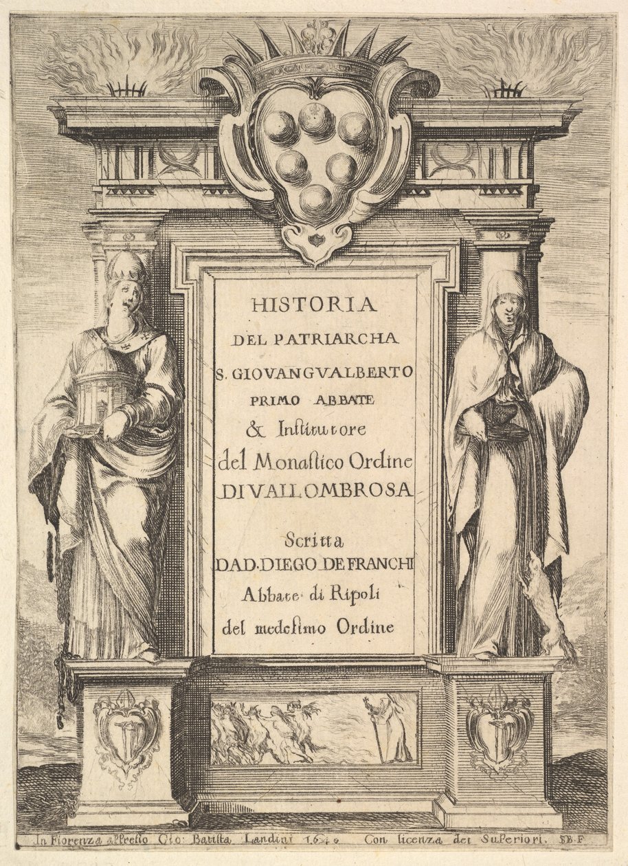 Frontispice: et monument dekoreret med Medici-våbenskjoldet øverst i midten, flammer a..., 1640. af Stefano della Bella