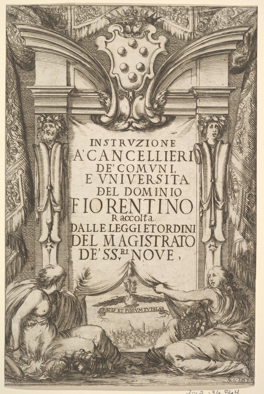 Frontispice for instruktioner for kanslere Instruzione a Cancellieri: Medici frakke ..., 1635. af Stefano della Bella
