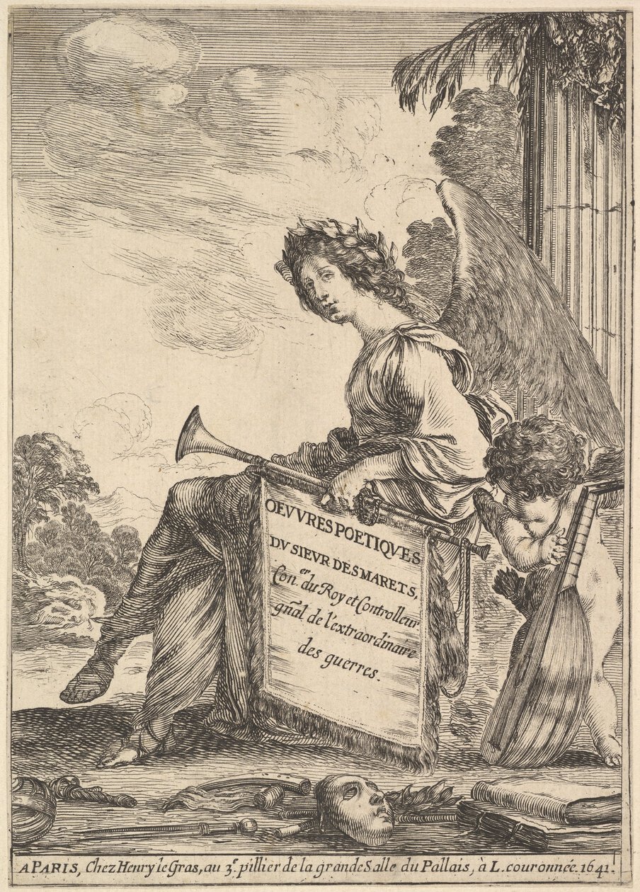 Frontispice til digte af Desmarets Oeuvres poétiques de Desmarets: a winged woman rep..., 1641. af Stefano della Bella