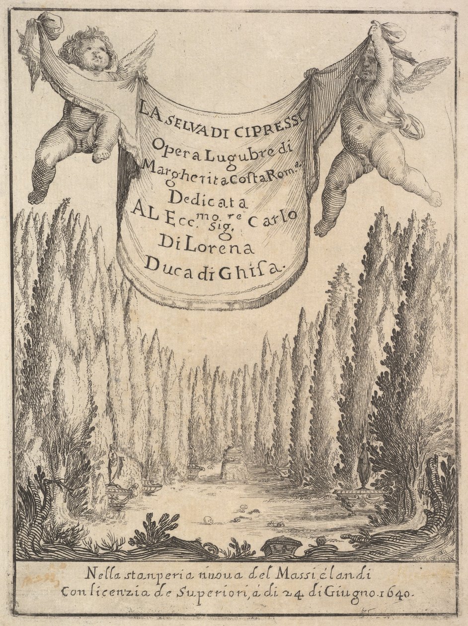 Frontispice til Cypress Forest La selva di cipressi: to putti holder et gobelin i..., 1640. af Stefano della Bella