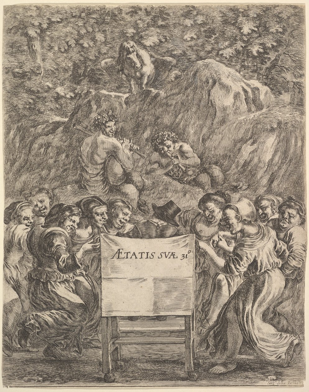 Frontispice til The Works of Scarron uvres de Scarron, digteren siddende i en stol..., 1649. af Stefano della Bella