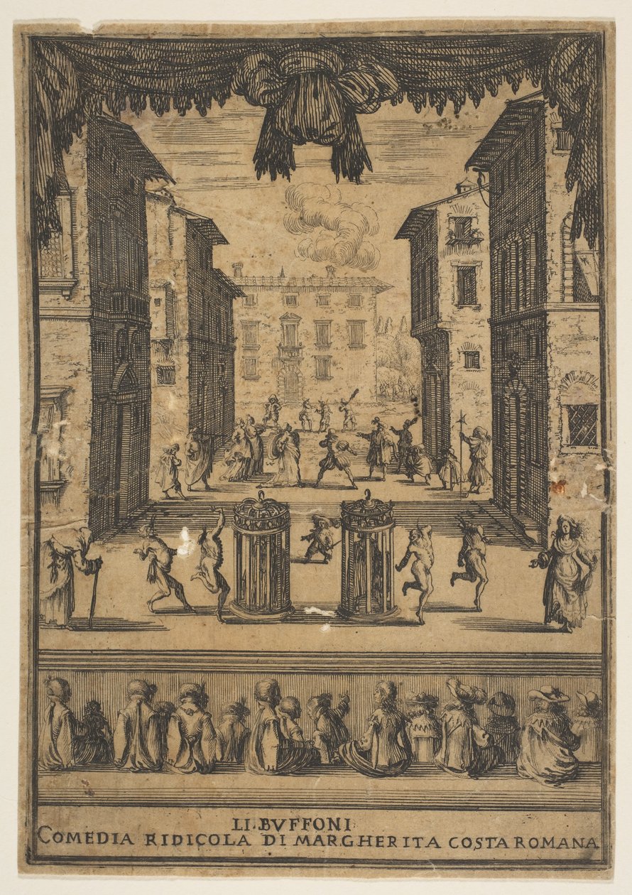 Frontispice til komedien The Buffoons Li Buffoni, et sæt på scenen, der ligner en p..., ca. 1639. af Stefano della Bella