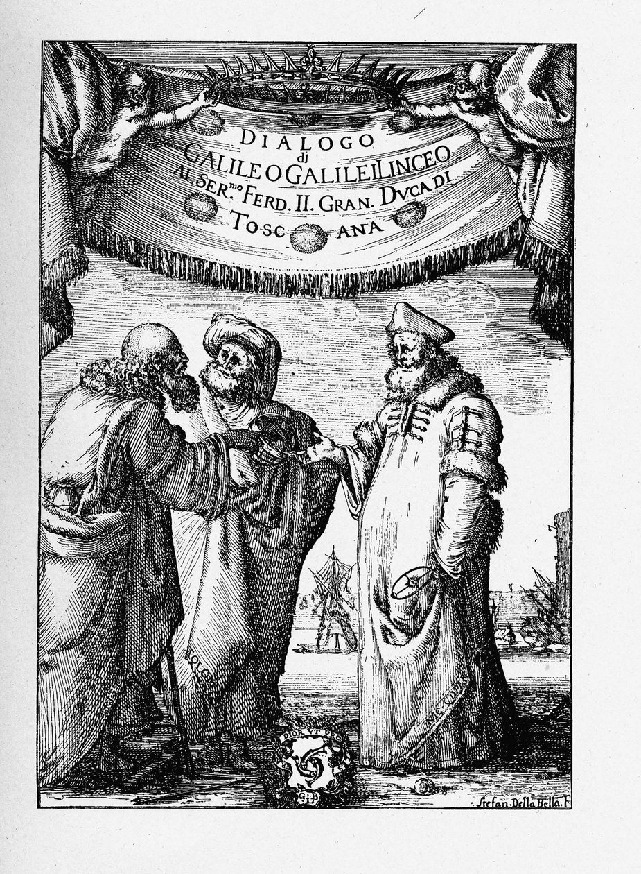 Frontispice af dialogen om de to vigtigste verdenssystemer af Galileo Galilei, 1632 af Stefano della Bella