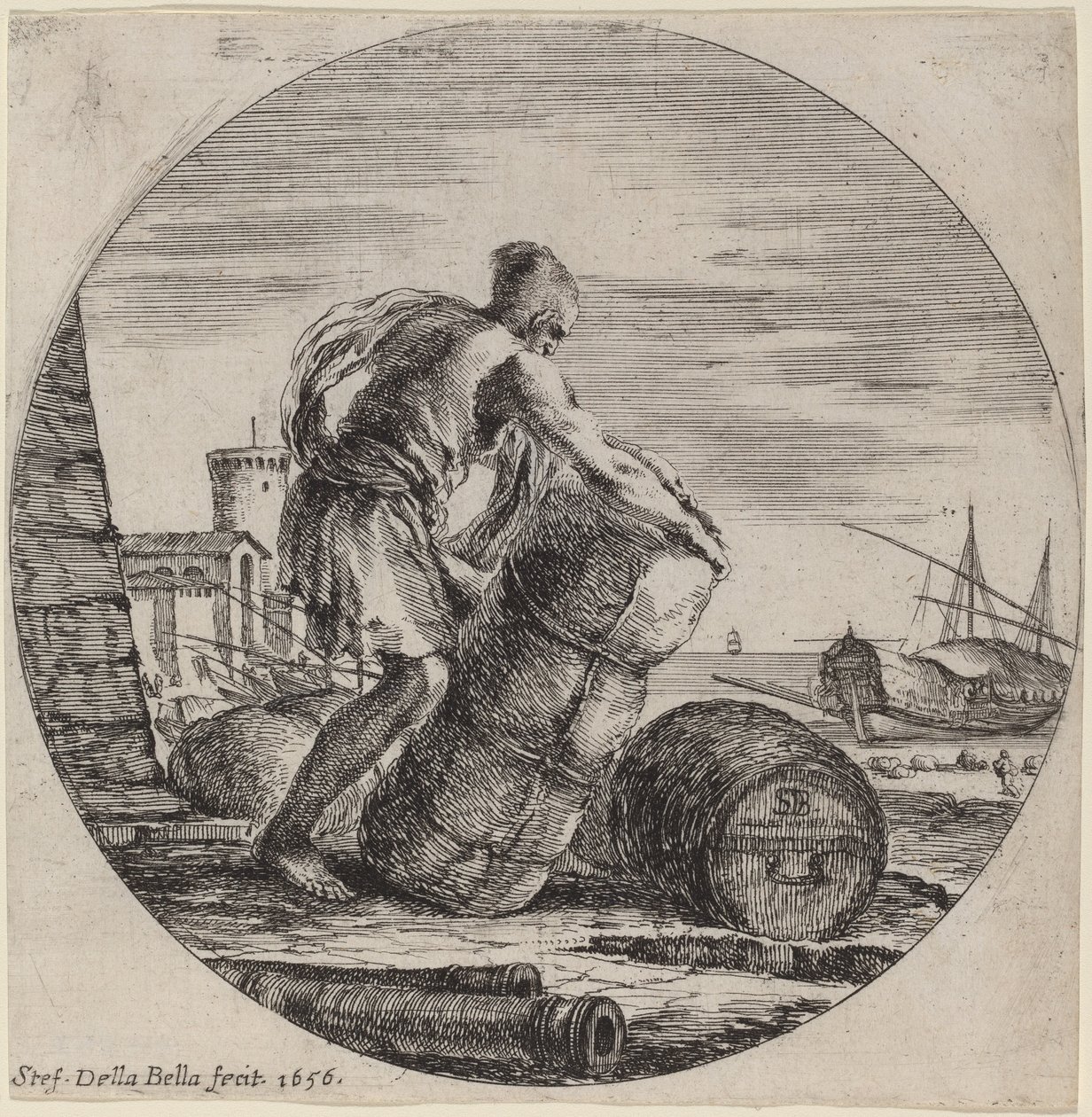 Galleyslave, der trækker et skibs last af Stefano della Bella