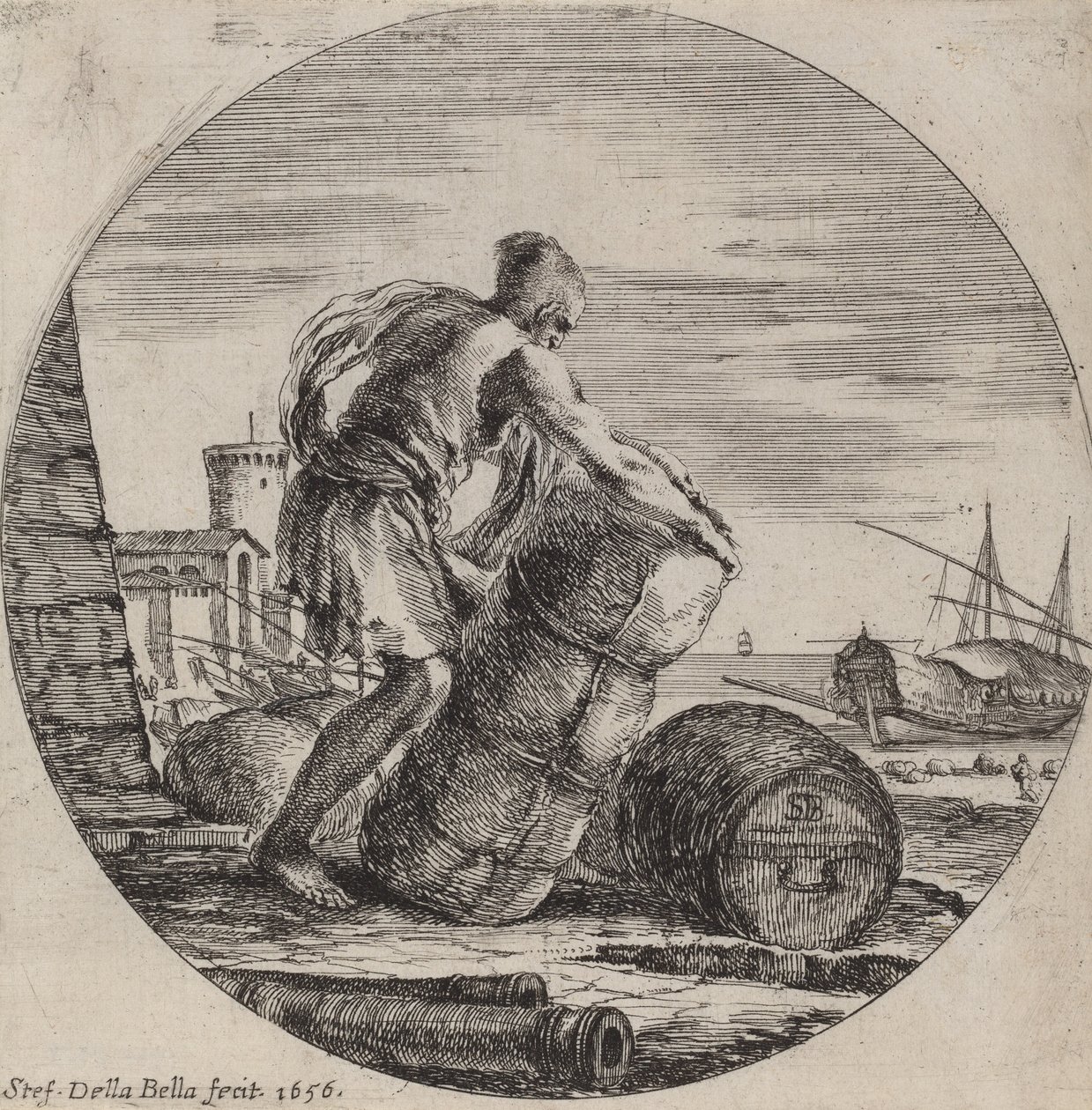 Galleyslave, der transporterer et skibs last, 1656. af Stefano della Bella