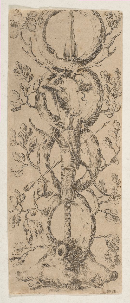 Hoveder af en kronhjort og to orner i Rinceaux of Oak Branches, ca. 1653. af Stefano della Bella