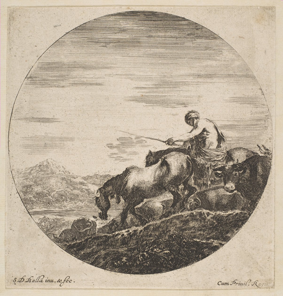 Hyrde til hest driver dyr, fra Seks dyreemner Seks sujets danimaux, ca. 1646. af Stefano della Bella