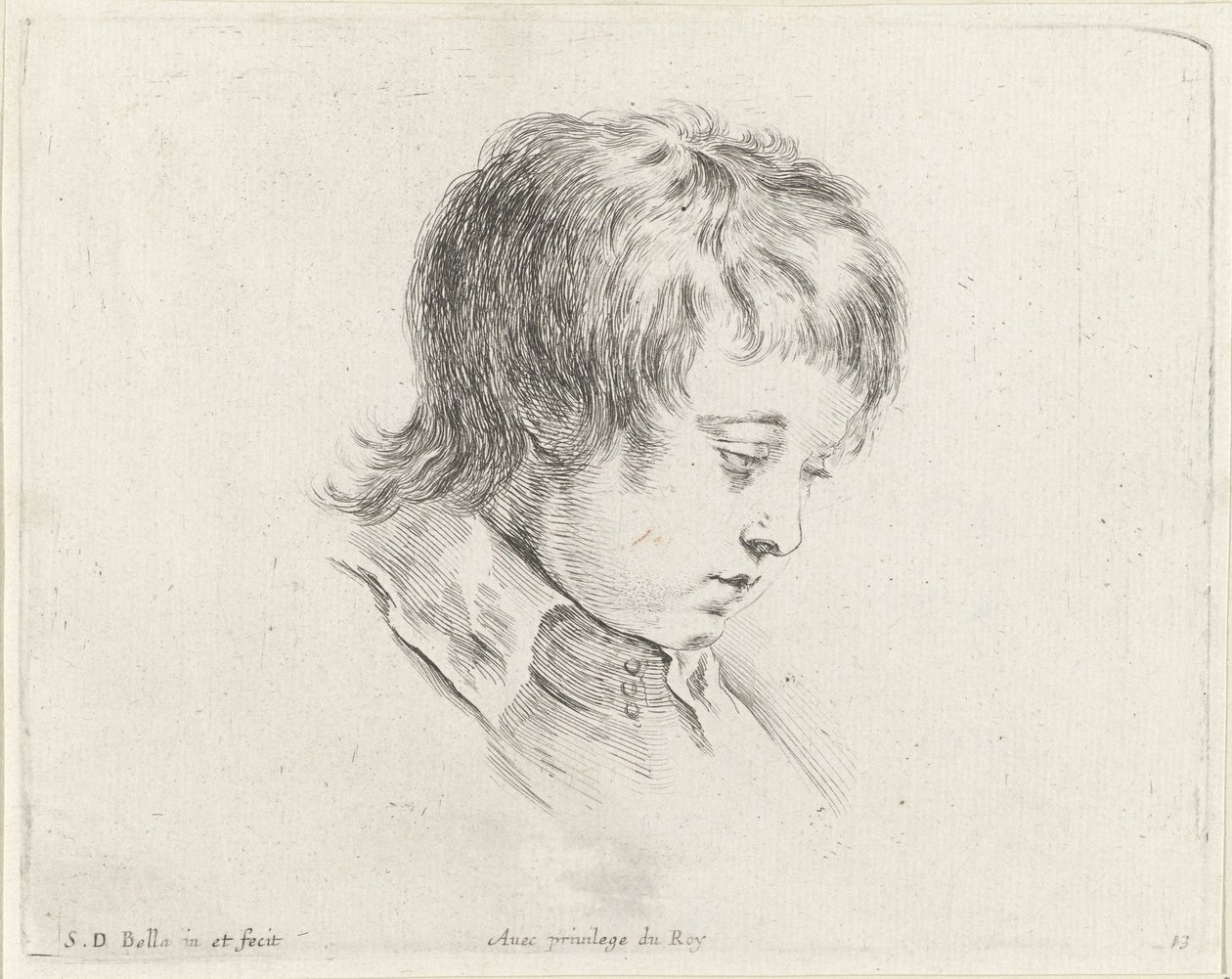 Hovedet af en ung mand, der kigger ned til højre Grundlæggende om tegning (serietitel) I principii del disegno (serietitel) af Stefano della Bella