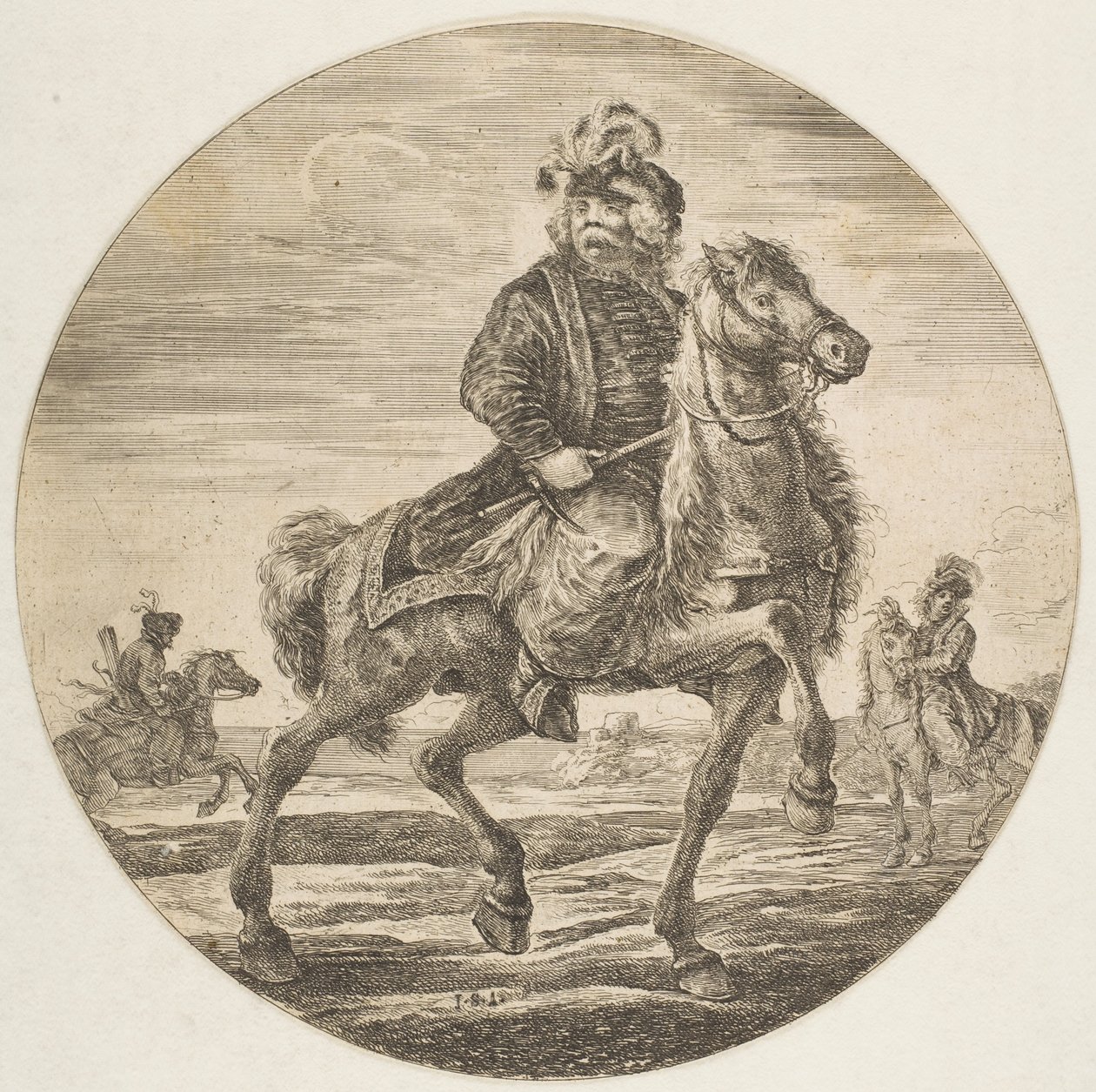 Ungarsk rytter rider mod højre, andre ryttere i baggrunden, et cirku..., ca. 1651. af Stefano della Bella