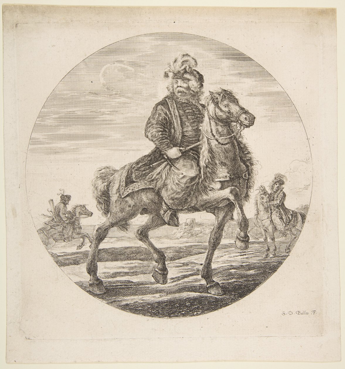 Ungarsk rytter rider mod højre, andre ryttere i baggrunden, et cirku..., ca. 1651. af Stefano della Bella