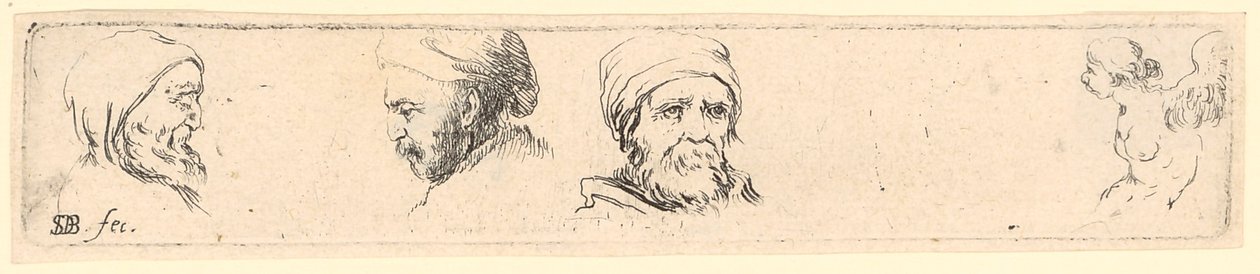 Hovedstudier af tre filosoffer, til højre studie af en bevinget figur af Stefano della Bella