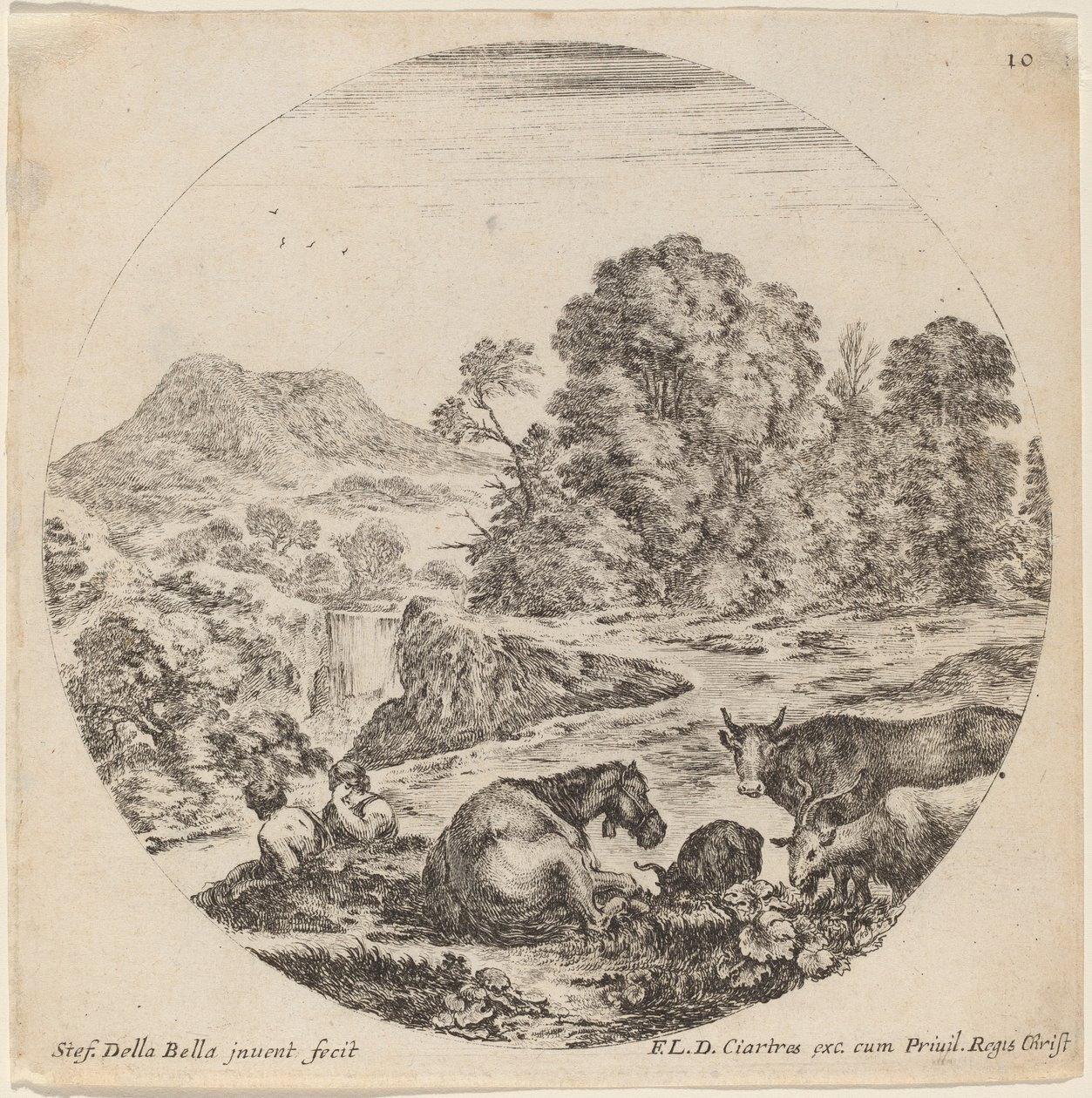 Landskab med dyr og to siddende hyrder, 1646. af Stefano della Bella