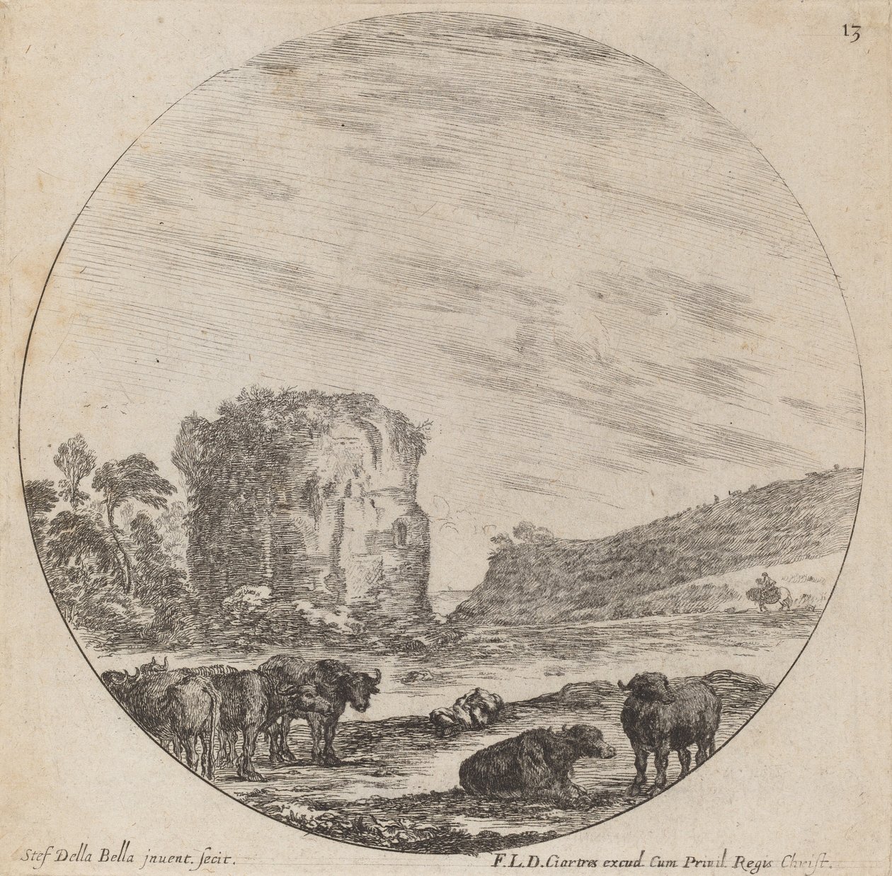 Landskab med antikke ruiner, 1646. af Stefano della Bella