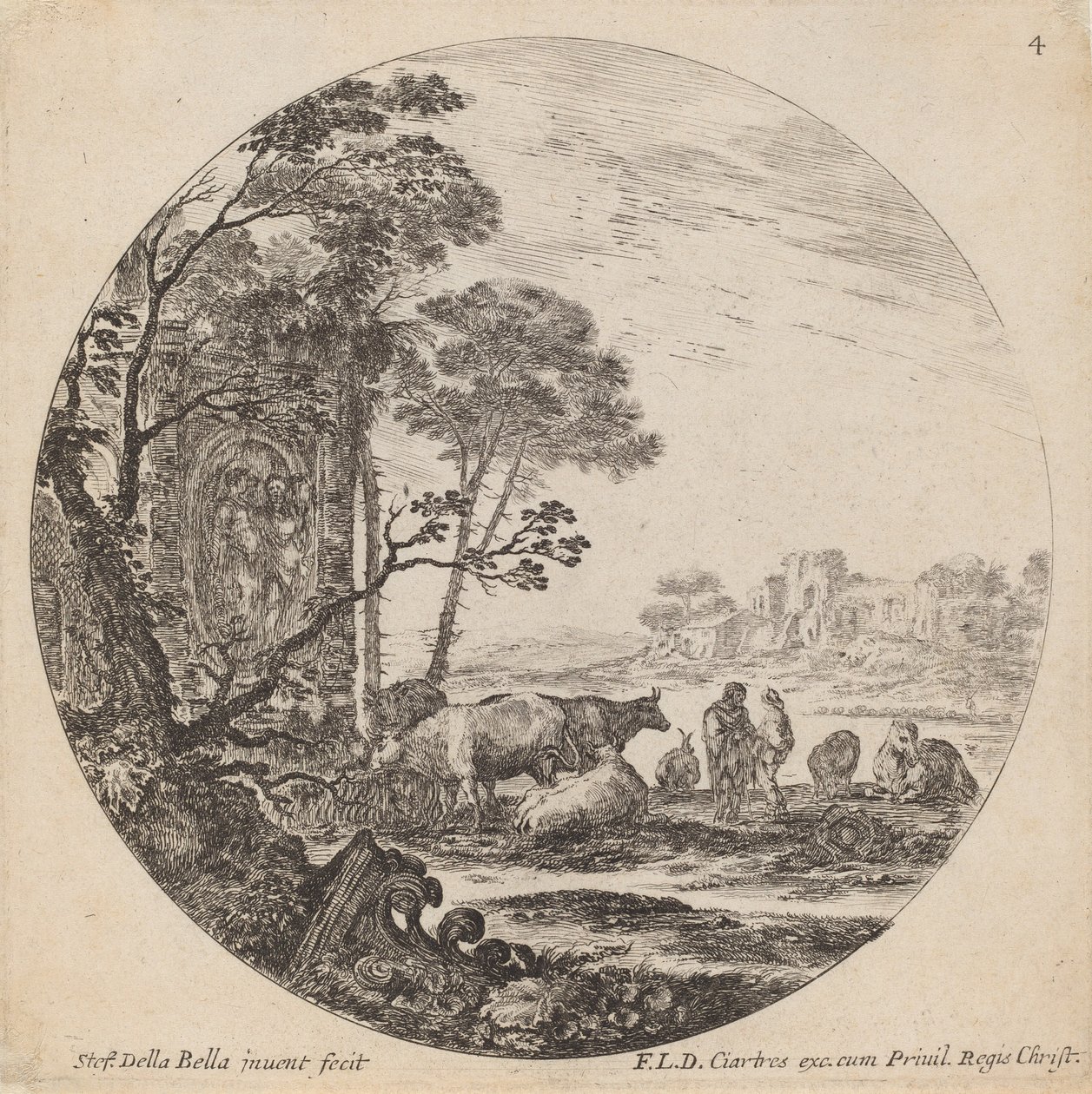 Landskab med romerske ruiner, 1646. af Stefano della Bella