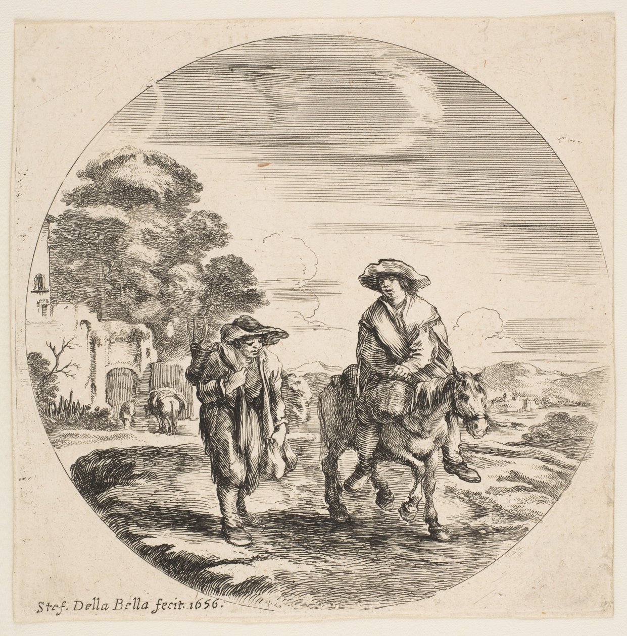 Landskab med to bønder, en ridende på hest, fra landskaber og havnebyer Paysages ..., 1656. af Stefano della Bella