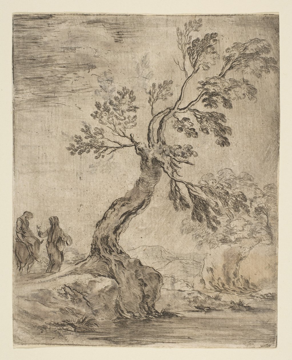 Landskab med to kvinder, den ene monteret på et æsel, ca. 1660. af Stefano della Bella