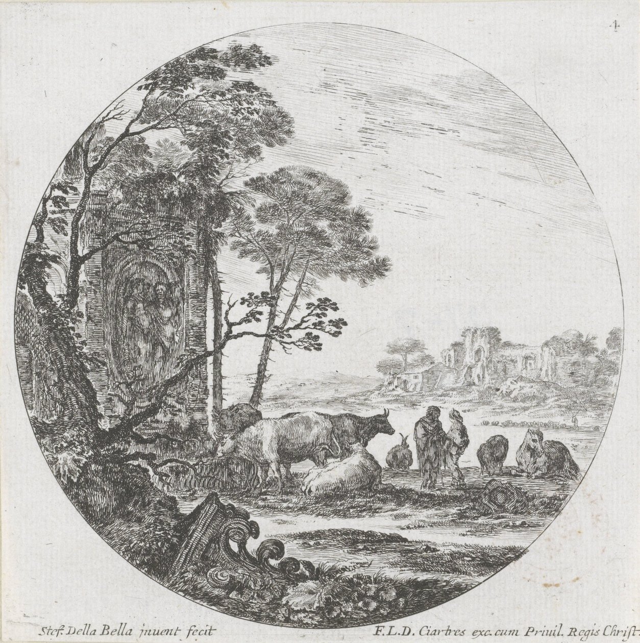 Landskab med flok og korinthisk hovedstad Landskaber og ruiner i Rom (serietitel) Paysages et ruines de Rome (serietitel) af Stefano della Bella