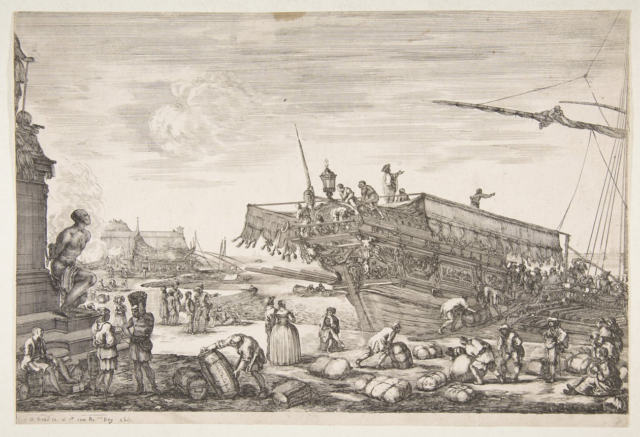 Indlæsning af en kabys, fra Udsigt over havnen i Livorno Vues du port de Livourne, 1654-55. af Stefano della Bella