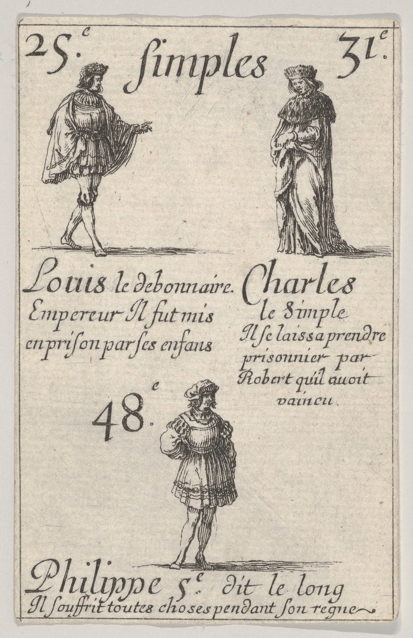 Louis le debonnaire... Charles le Simple, fra Game of the Kings of France Jeu des Rois..., 1644. af Stefano della Bella
