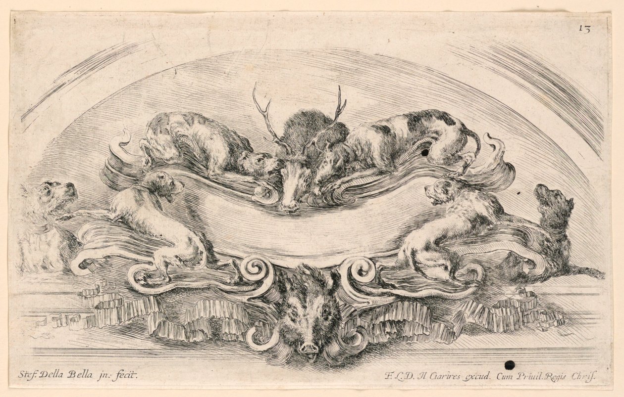 Lunette med skilte, nr. 13 fra "Samling af forskellige luner og ni opfindelser af mapper og ornamenter" af Stefano della Bella