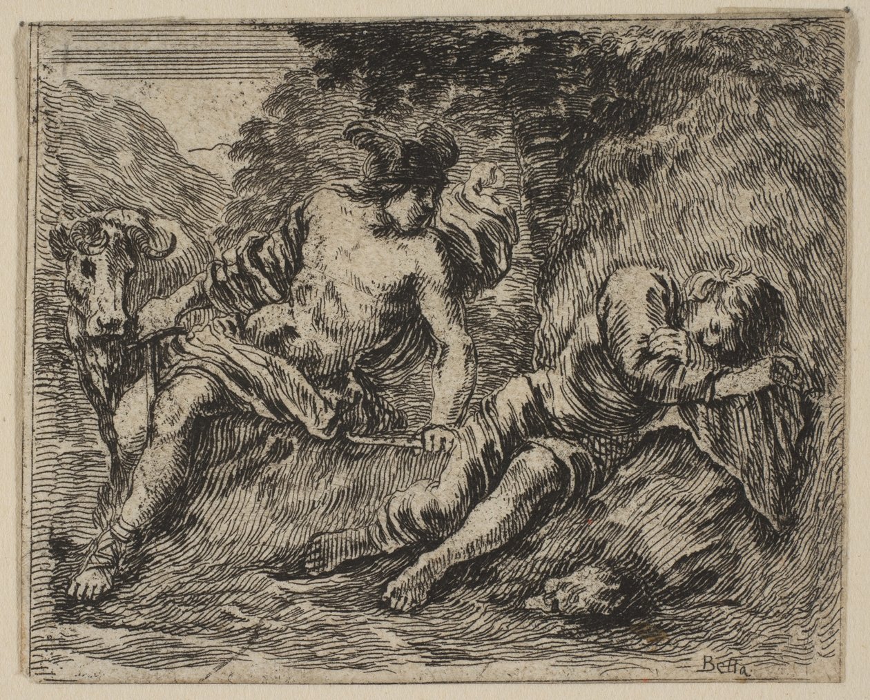 Mercury and Argus, fra Game of Mythology Jeu de la Mythologie, 1644. af Stefano della Bella
