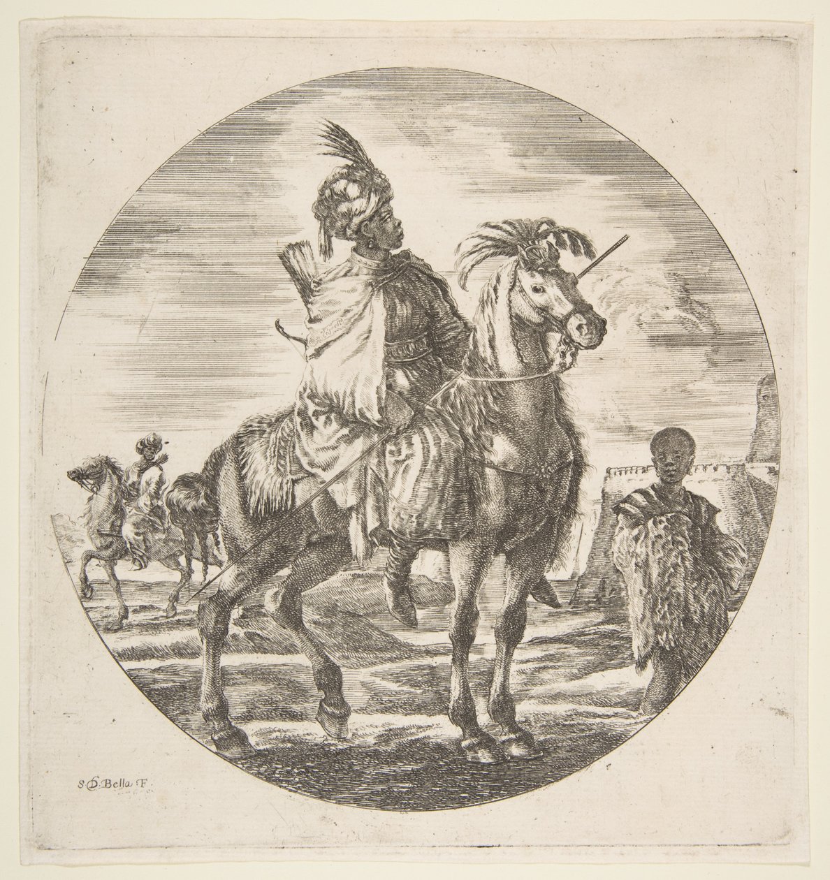 maurisk rytter i profil mod højre, en sort slave holder en pels til højre, en anden..., ca. 1651. af Stefano della Bella