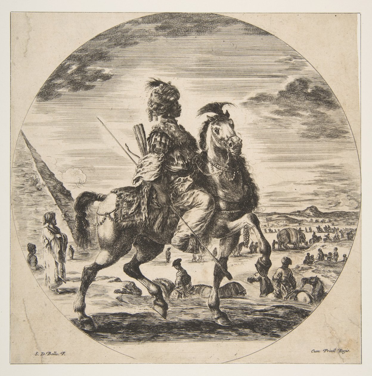 maurisk rytter i profil mod højre, i baggrunden en pyramide til venstre, mange fi..., ca. 1651. af Stefano della Bella
