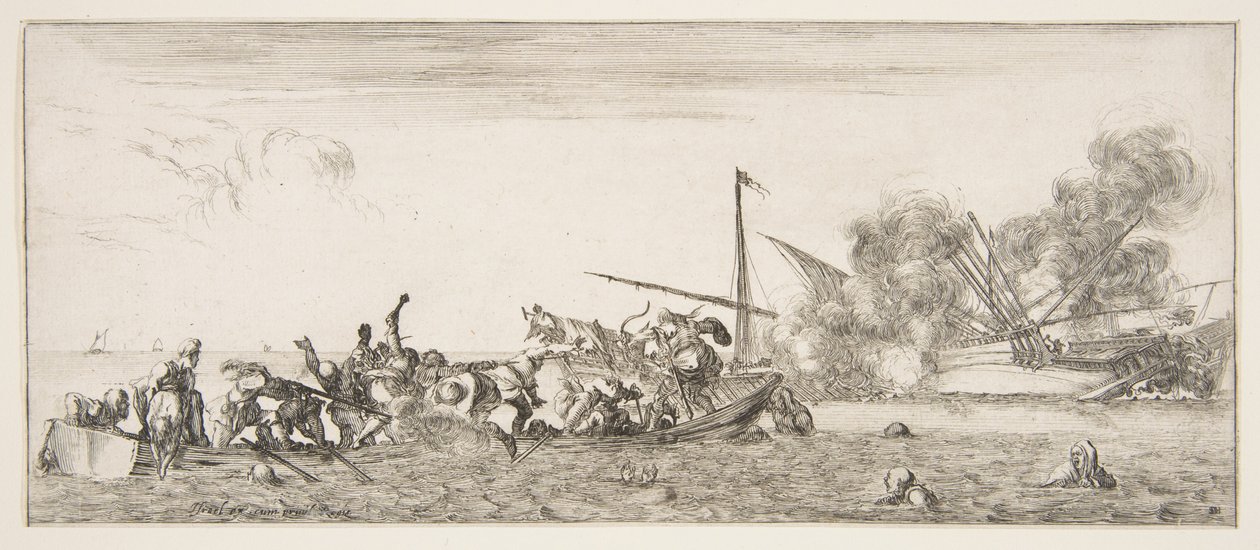 Søslag, en robåd fyldt med mennesker, der kæmper med musketter til venstre, folk drukner..., ca. 1641. af Stefano della Bella