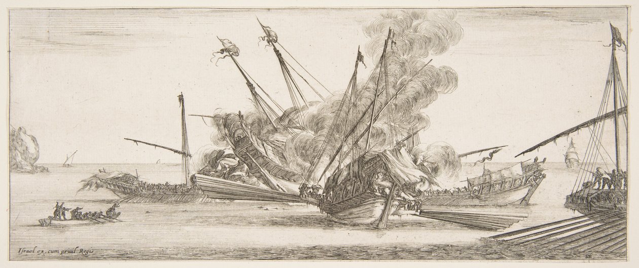 Søkamp, et skib i midten, set bagfra, skyder mod fire fjendtlige skibe, et andet ..., ca. 1641. af Stefano della Bella