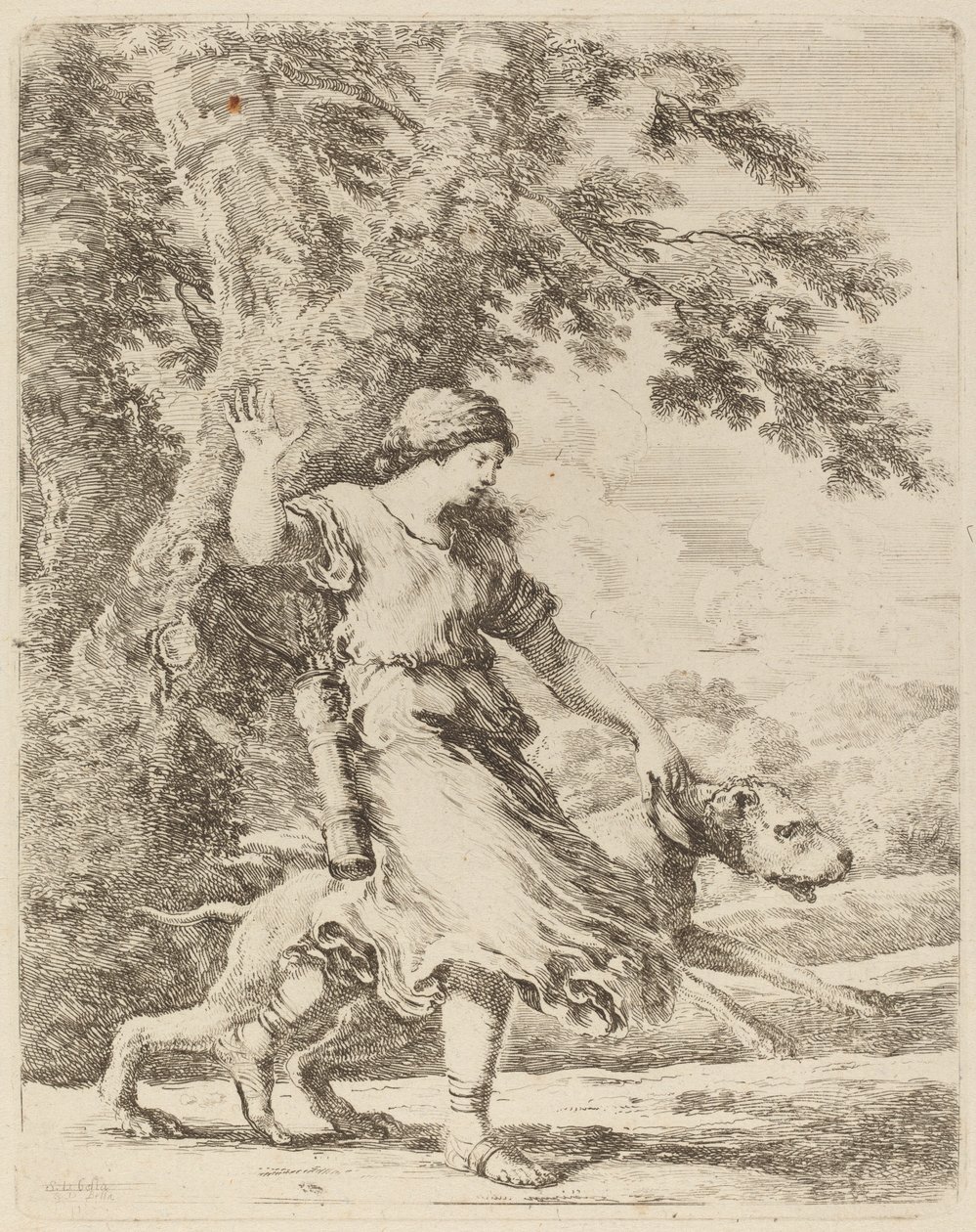 Nymfe holder en stor hund i halsbåndet af Stefano della Bella