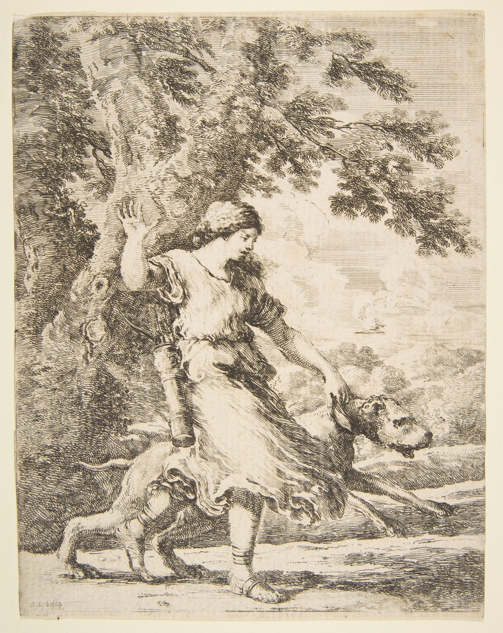 Nymfe holder en stor hund ved halsbåndet, ca. 1654. af Stefano della Bella