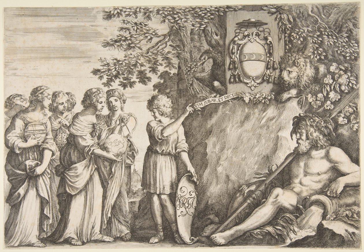 Ornamentdesign til et speciale, Strozzi-våbenskjoldet øverst, ca. 1660. af Stefano della Bella