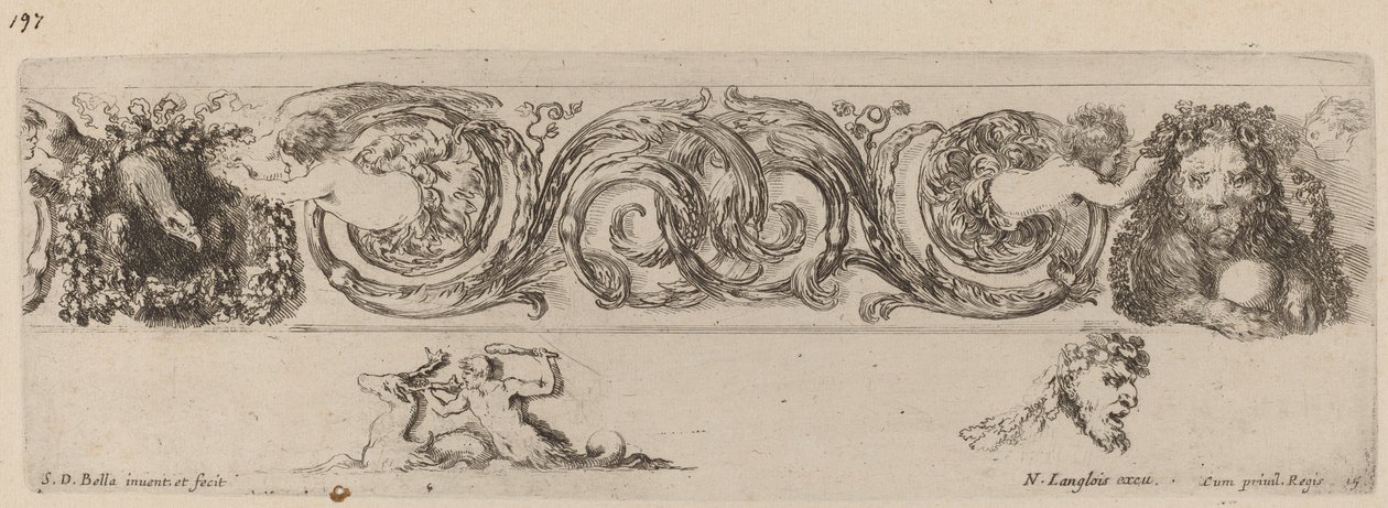 Prydfrise med ørn og løve indfanget af børn, sandsynligvis 1648. af Stefano della Bella