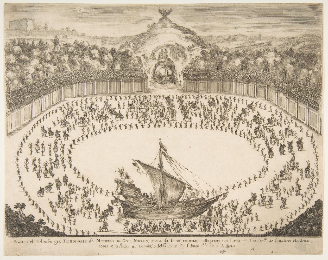 Paradeflyder i form af et skib, storhertugen af Modenas våbenskjold øverst, 1652. af Stefano della Bella