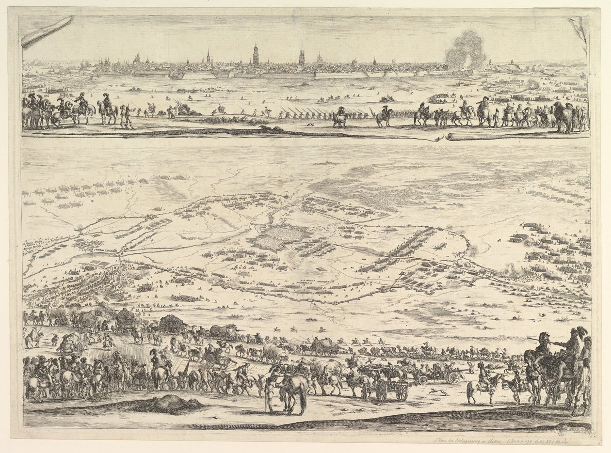 Plan og udsigt over belejringen af Arras: nederste del af pladen med en topografisk udsigt med..., 1641. af Stefano della Bella